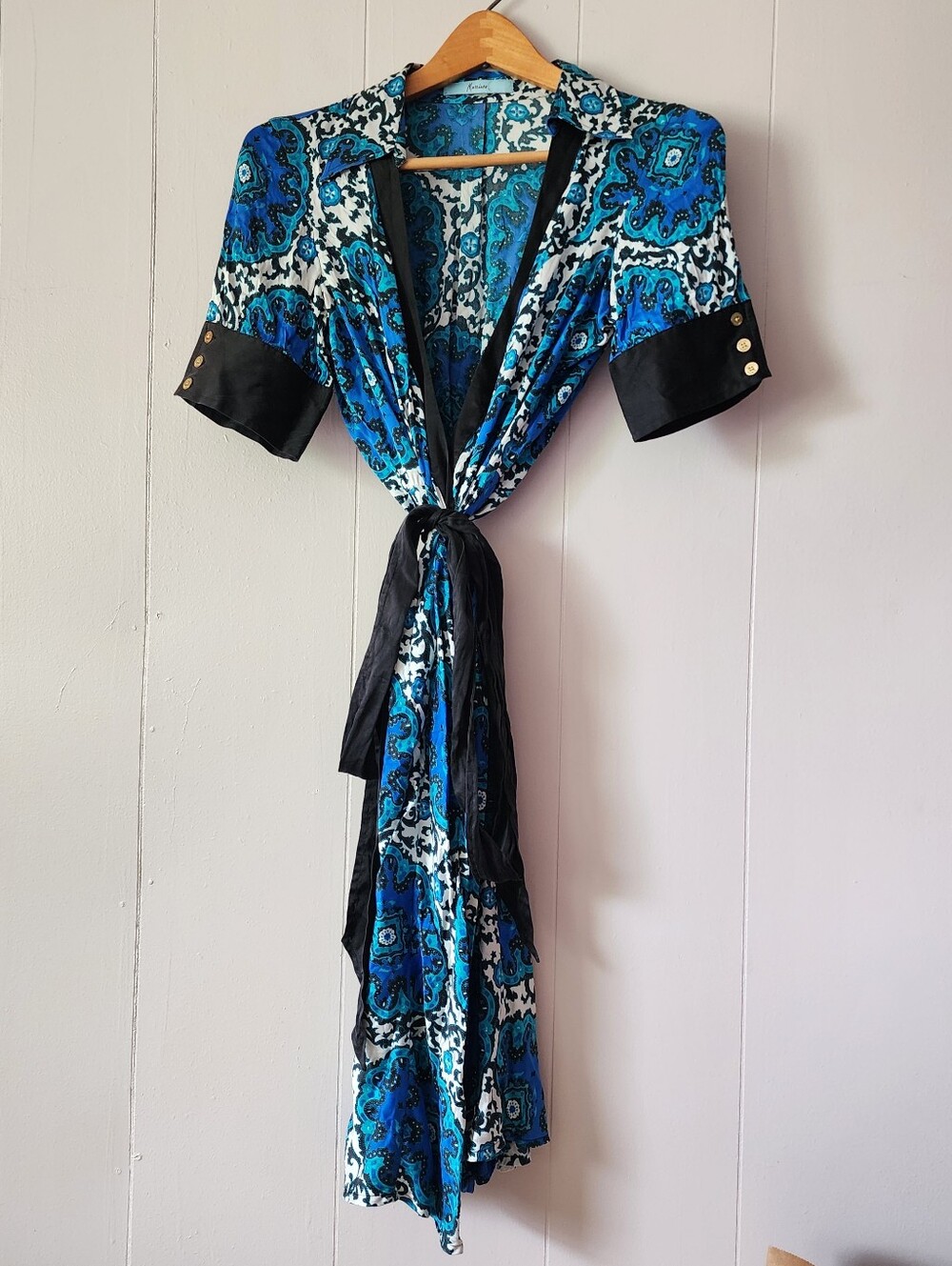 Marciano Guess Blue Paisley Silk Blend Wrap Dress Black Trim Button Detail Boho